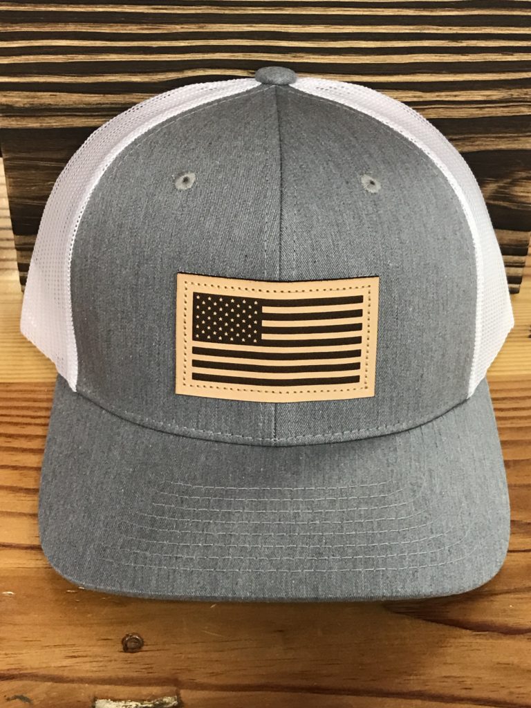 Captuer USA Flag Leather Patch Trucker Hat Heather Grey/White - AG