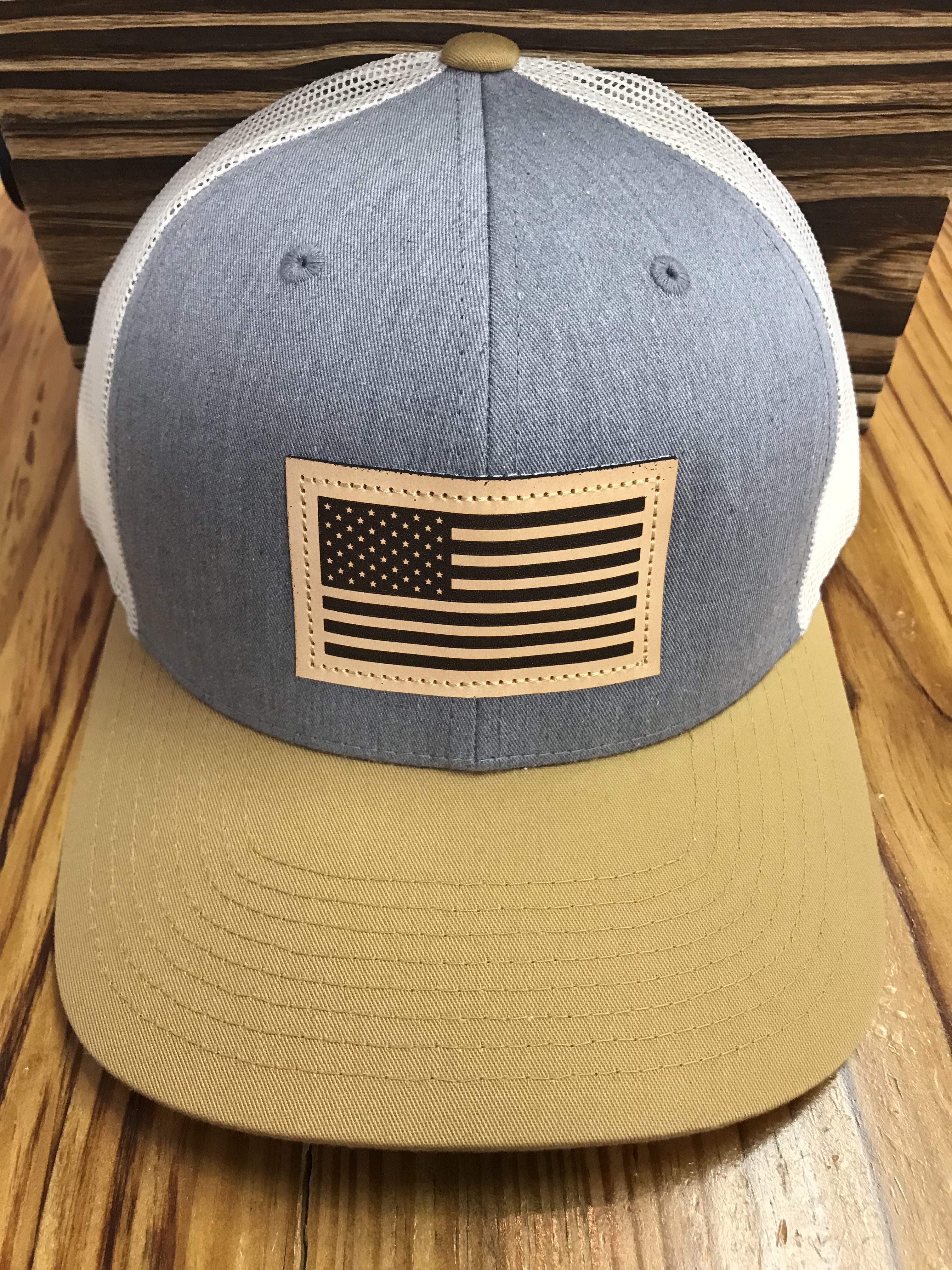 Captuer USA Flag Leather Patch Trucker Hat Heather Grey/Birch/Biscuit