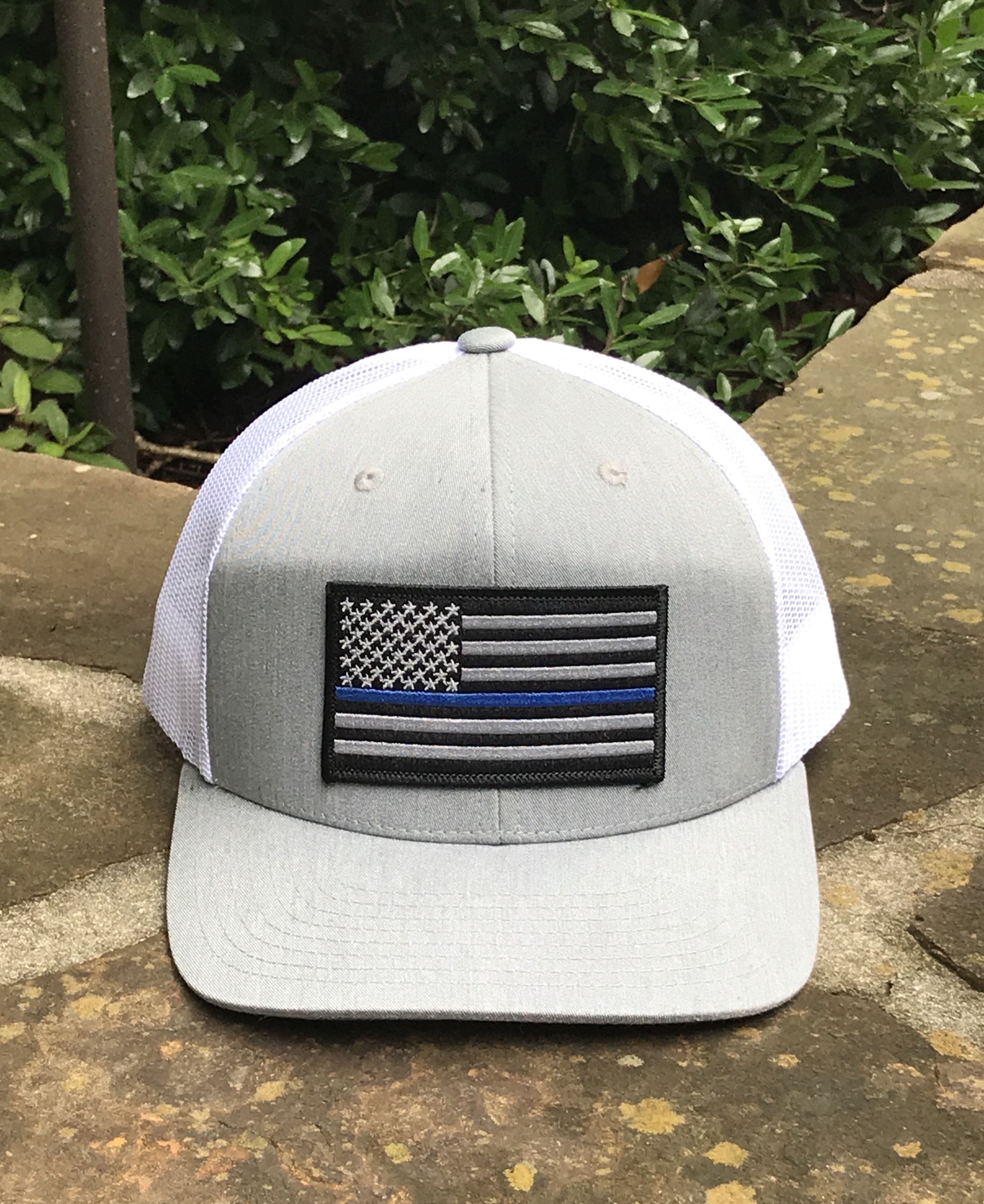 Thin Blue Line Flag Patch Snapback Trucker Hat Charcoal Grey/White