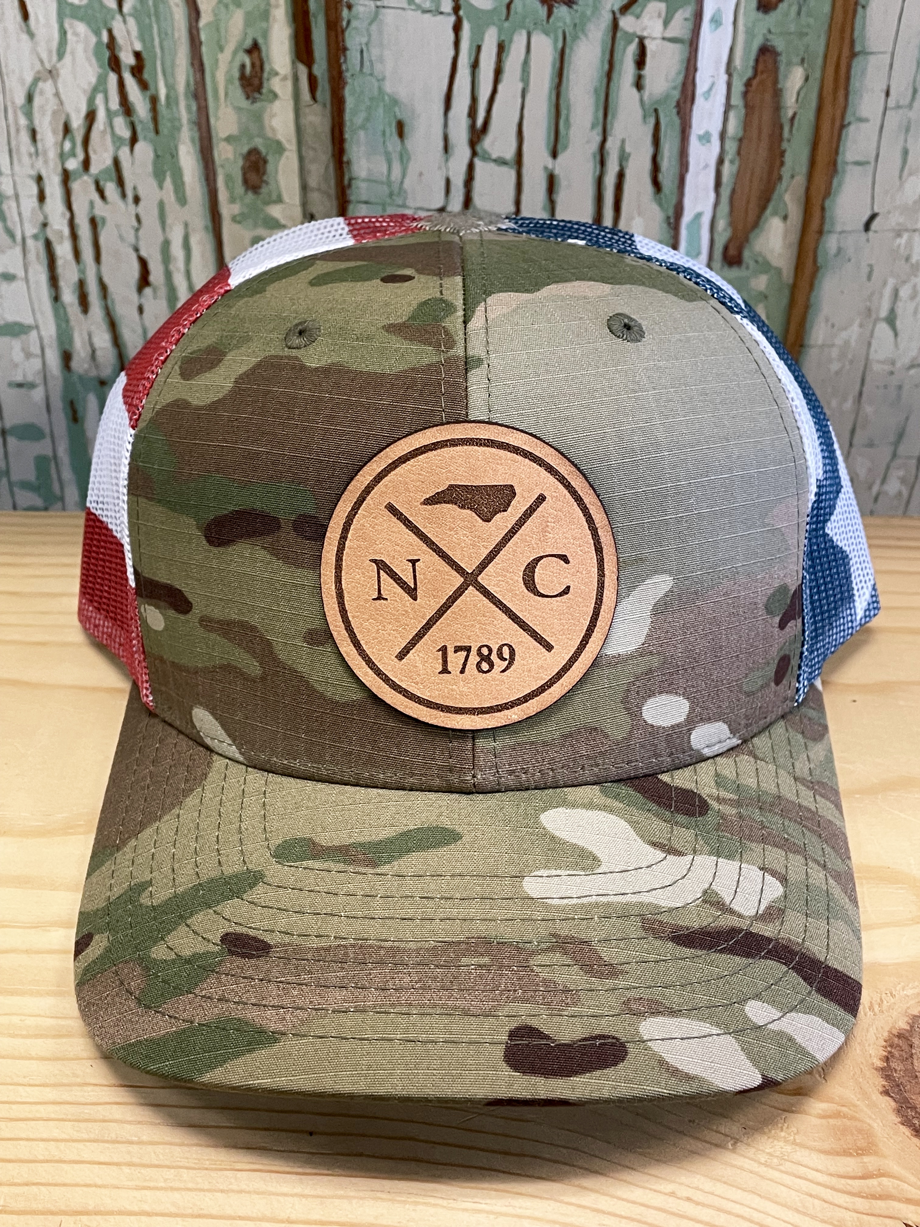 North Carolina Cross Leather Patch Snapback Trucker Hat Multicam  Original/USA Flag – AG Outfitters NC