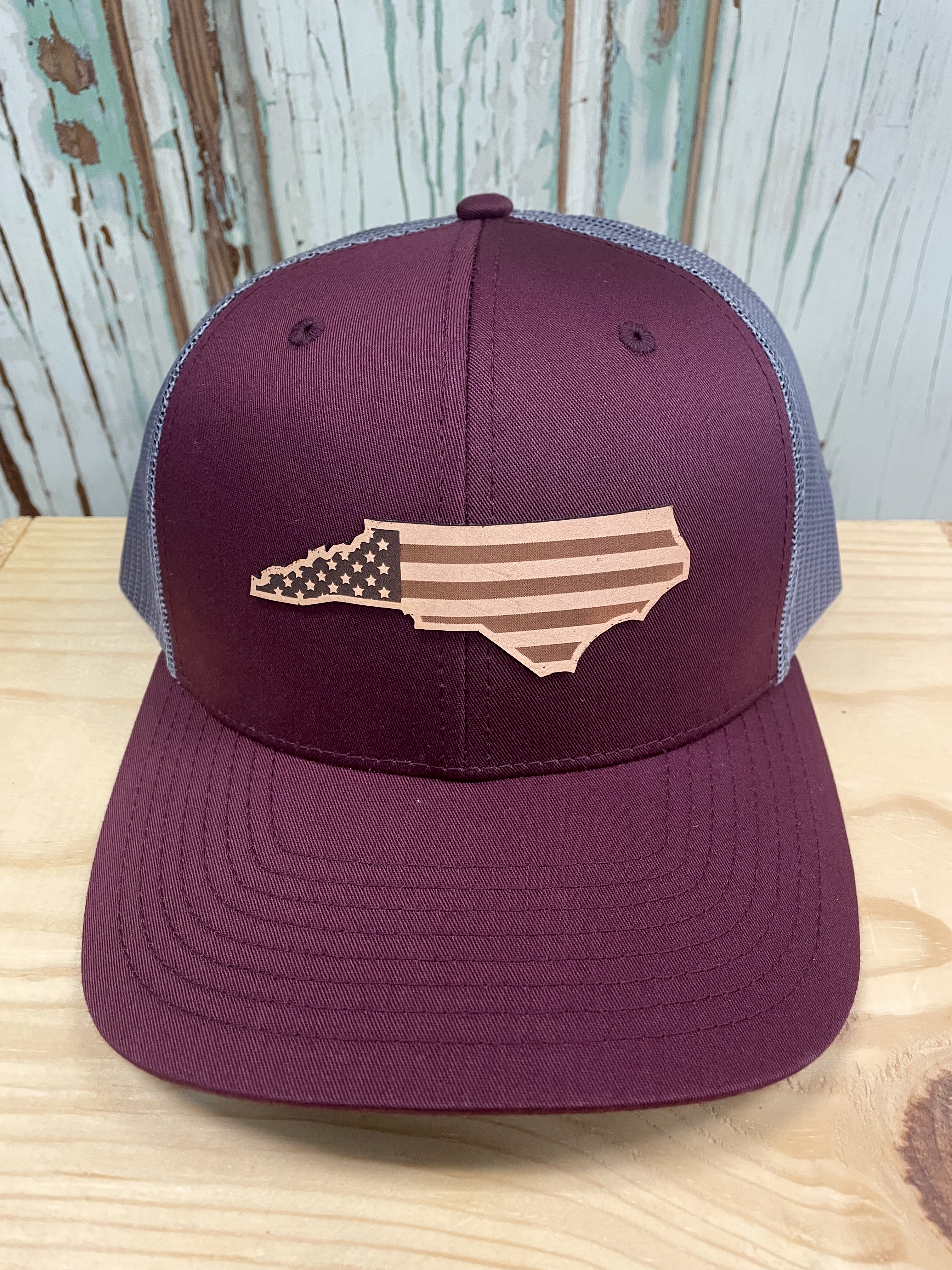 North Carolina USA Flag Leather Patch Trucker Hat